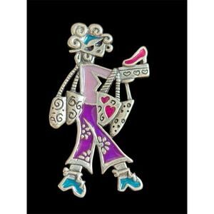 Vtg Robert Shields Designed Sterling Silver Enamel Pin Shoe Shopping Girl Whimsy